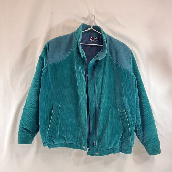 Vintage Corduroy Bomber Jacket Teal Blue Womens w/ Elbow Patch 1980s 90s Duffel - Picture 3 of 8
